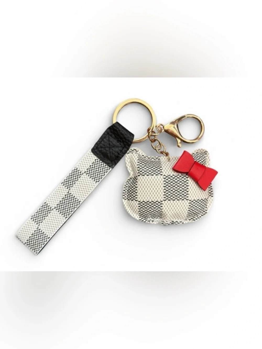 Cream Checkered Keychain Kitty Cat Red Bow Bag Charm New